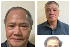 Hoang Van Thang, ancien vice-ministre de l’Agriculture et du Développement rural (à gauche), et deux autres prévenus, Tran To Nghi et Tran Van Lang (en chemises rouges). Photo : cand.com.vn