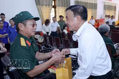 Le permanent du Secrétariat Tran Cam Tu offre des cadeaux aux combattants au Centre de soin d'invalides de guerre de Nghe An. Photo : VNA