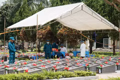 L'équipe chargée des fouilles et des prélèvements sur les restes de soldats morts pour la Patrie au cimetière des martyrs de Duc Co (commune de Duc Co, province de Gia Lai). Photo: VNA