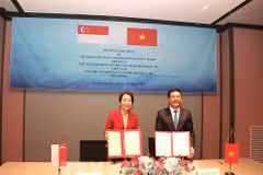 Le ministre vietnamien de l'Industrie et du Commerce, Nguyên Hông Diên (à droite), et la ministre singapourienne du Développement durable et de l'Environnement, également chargée des Relations commerciales, Grace Fu. échangent le protocole d'accord de coopération. Photo: VNA