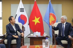 Dô Van Chiên, président du Comité central du FPV (droite), fait quelques propositions pour le projet de village vietnamien que le district de Bonghwa met en œuvre. Photo: VNA