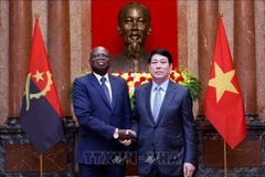 Le président Luong Cuong et l'ambassadeur d'Angola, Fernando Miguel, venu lui présenter ses lettres de créance, 24 avril 2025. Photo : VNA