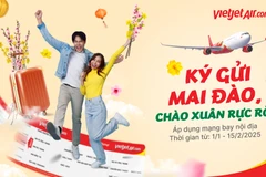 La compagnie aérienne Vietjet lance un service de transport de fleurs de pêcher et d'abricotier à bord de vols intérieurs d’ici le 15 février 2025 (soit le 18e jour du premier mois de l'Année lunaire du Serpent), au prix de 450.000 dongs (17,7 dollars) par bouquet (taxes et frais non inclus). Photo : Vietjet