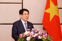 Le président Luong Cuong s'exprime lors de la rencontre avec des Vietnamiens vivant au Laos. Photo: VNA