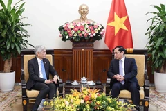 Le vice-Premier ministre et ministre des Affaires étrangères (AE) du Vietnam, Bùi Thanh Son (à droite) reçoit Albert Chua, secrétaire permanent du ministère des Affaires étrangères de Singapour, le 26 août, à Hanoï. Photo : VNA