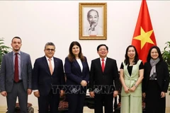 Le vice-Premier ministre vietnamien Ho Quoc Dung (troisième à partir de la droite) reçoit la ministre palestinienne des Affaires étrangères et des Expatriés, Varsen Aghabekian Shahin (3e à partir de la gauche). Photo : VNA