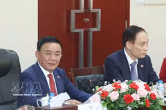 Le membre du Bureau politique et permanent du Secrétariat du Comité central du Parti communiste du Vietnam, Tran Cam Tu (à gauche) s'exprime lors de l'entretien avec son homologue du Parti populaire révolutionnaire lao (PPRL), Vilay Lakhamphong. Photo : VNA