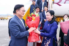 Le président de l'Assemblée nationale de la République de Corée, Woo Won Shik a été accueilli à l'aéroport international de Noi Bai par Nguyên Thanh Hai, présidente de la Commission des Sciences, des Technologies et de l'Environnement et présidente du Groupe des parlementaires d'amitié Vietnam-République de Corée. Photo : VNA
