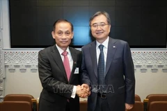 Le secrétaire du Comité central du Parti et ministre vietnamien par intérim des Affaires étrangères (AE), Lê Hoài Trung (gauche) et le ministre sud-coréen des AE, Cho Hyun. Photo: VNA