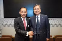 Le secrétaire du Comité central du Parti et ministre vietnamien par intérim des Affaires étrangères (AE), Lê Hoài Trung (gauche) et le ministre sud-coréen des AE, Cho Hyun. Photo: VNA