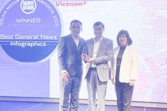 Le journal en ligne VietnamPlus de l'Agence vietnamienne d'Information (VNA) a été honoré du prix de la "Meilleure infographie d'actualité générale" dans la catégorie Infographies. Son rédacteur en chef Trân Tiên Duân reçoit ce prix. Photo : VNA