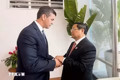 À l'occasion de sa participation au sommet du G20 à Rio de Janeiro (Brésil), le Premier ministre Pham Minh Chinh (droite) a rencontré le 19 novembre 2024 le président paraguayen Santiago Pena. Photo: VNA 