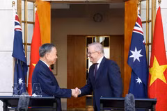 Le secrétaire général du Parti communiste du Vietnam et président de la République, To Lam (à gauche), et le Premier ministre australien Anthony Albanese lors de la rencontre avec la presse. Photo : VNA