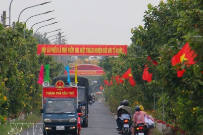 La communication est menée au moyen de banderoles et de véhicules mobiles dans la commune de Vinh Vien, ville de Can Tho. Photo : VNA 