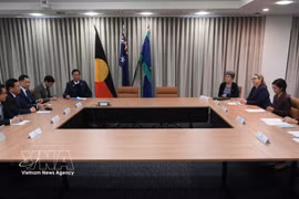 Séance de travail entre la délégation de l’Académie nationale de politique Hô Chi Minh et du Conseil des études théoriques du Comité central du Parti et le ministère australien des Affaires étrangères et du Commerce. Photo: VNA
