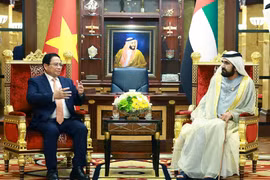Le Premier ministre Pham Minh Chinh (gauche) rencontre le vice-président et Premier ministre des Émirats arabes unis, Cheikh Mohammed bin Rashid Al Maktoum, le 28 octobre 2024. Photo: VNA