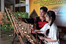 Une jeune vietnamienne d'outre-mer s'essaie le t’rung (xylophone en bambou, très populaire auprès des minorités ethniques des Hauts Plateaux du Centre). Photo: VNA