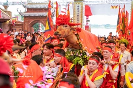 Procession de l’eau du fleuve Rouge lors de la fête traditionnelle du village de Bat Trang 2026. Photo: VNA