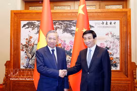 Le secrétaire général du PCV et président To Lam (droite) rencontre le dirigeant chinois Wang Huning. Photo : VNA