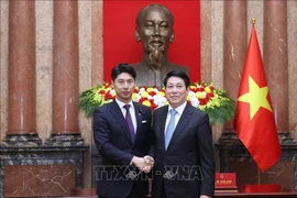 Le président de la République, Luong Cuong (droite), et Nakasone Yasutaka, membre de la Chambre des représentants du Japon, chef de la division jeunesse du PLD. Photo: VNA