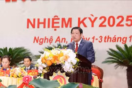 Phan Dinh Trac, membre du Bureau politique et chef de la Commission centrale des Affaires intérieures du Parti, s'exprime au 20e Congrès de l’organisation du Parti de la province centrale de Nghe An. Photo: VNA