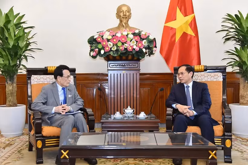 Le ministre des Affaires étrangères Bui Thanh Son (droite) reçoit à Hanoi le chef du Département de recherche des politiques du Parti libéral-démocrate du Japon (PLD) Tokai Kisaburo. Photo: VNA