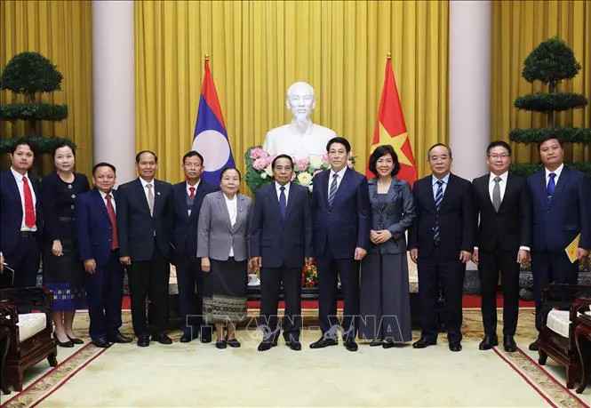 Le président de la République, Luong Cuong, reçoit Bounthong Chitmany, permanent du secrétariat du Parti populaire révolutionnaire du Laos (PPRL) et vice-président du Laos. Photo: VNA