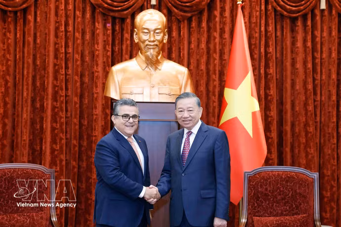 Le secrétaire général du Parti communiste du Vietnam et président vietnamien, To Lam et l’ambassadeur de l’État de Palestine, Saadi Salama. Photo : VNA