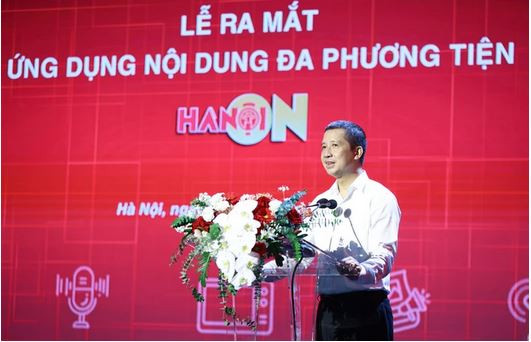 Le directeur général et rédacteur en chef de la Radio et Télévision de Hanoi, Nguyên Kim Khiêm, s'exprime lors de la cérémonie de lancement de Hanoi On. Photo: VietnamPlus nguyen kim khiem.JPG