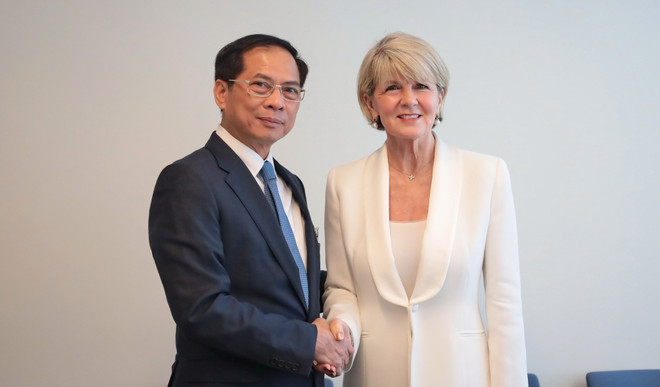 Le vice-Premier ministre vietnamien et ministre des Affaires étrangères Bui Thanh Son (à gauche) et l’envoyée spéciale du secrétaire général de l’ONU au Myanmar, Julie Bishop. Photo: VNA Julie Bishop.jpg
