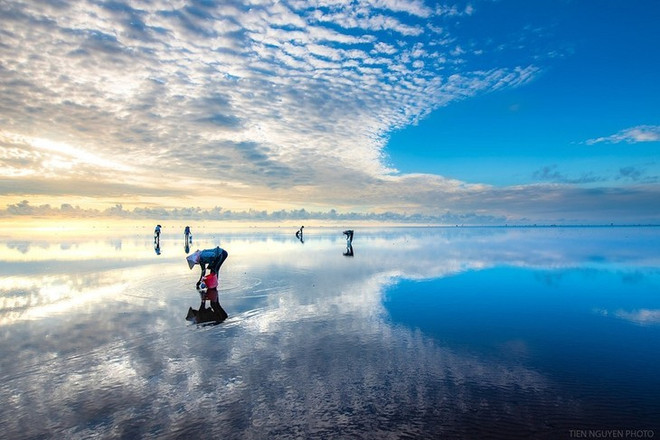 Sur la plage de Quang Lang, un paysage « infini » qui se forme lorsque les marées se retirent et que la surface de l'eau reflète le ciel. Photo: VNA plage de Quang Lang. VOV.jpg