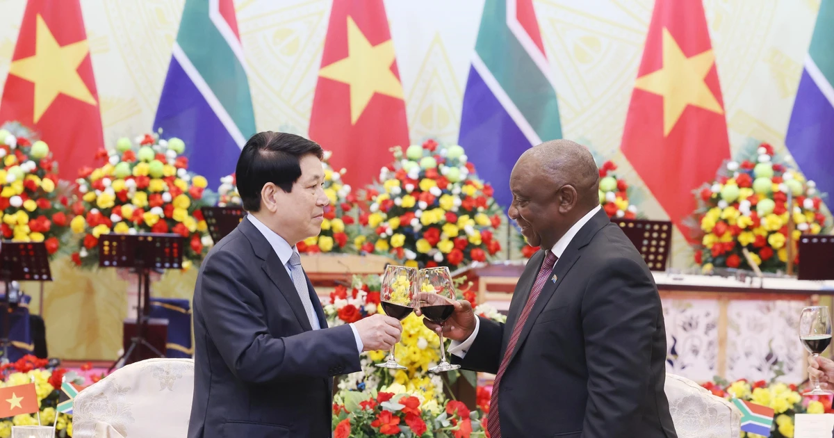 Le président Luong Cuong (gauche) et le président de l’Afrique du Sud, Matamela Cyril Ramaphosa lors du banquet. Photo : VNA. 