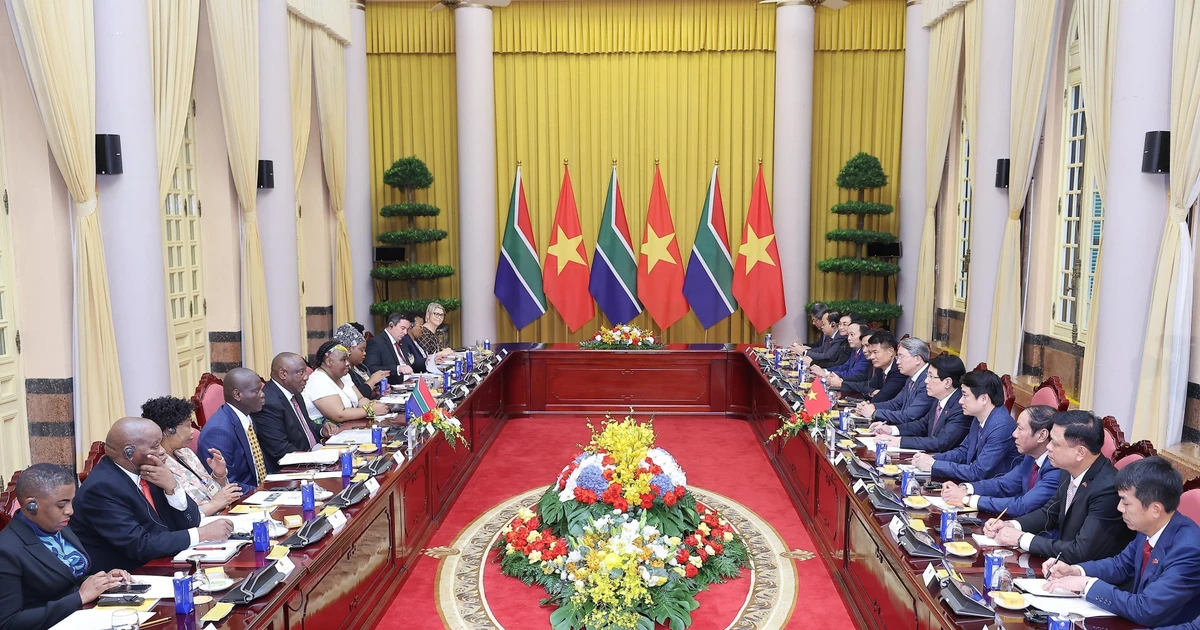 Entretien entre le président de la République d’Afrique du Sud, Matamela Cyril Ramaphosa, et le président Luong Cuong. Photo : VNA. 