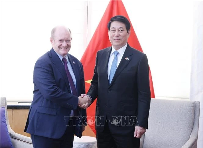 Le président vietnamien Luong Cuong (droite) et le sénateur Chris Coons. Photo : VNA.