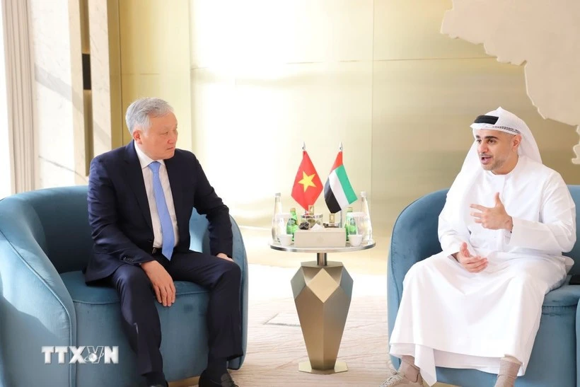 Le vice-Premier ministre permanent Nguyen Hoa Binh (gauche) s'entretient avec Ahmed Jasim Al Zaabi, président du Centre financier mondial d'Abou Dhabi. Photo : VNA.