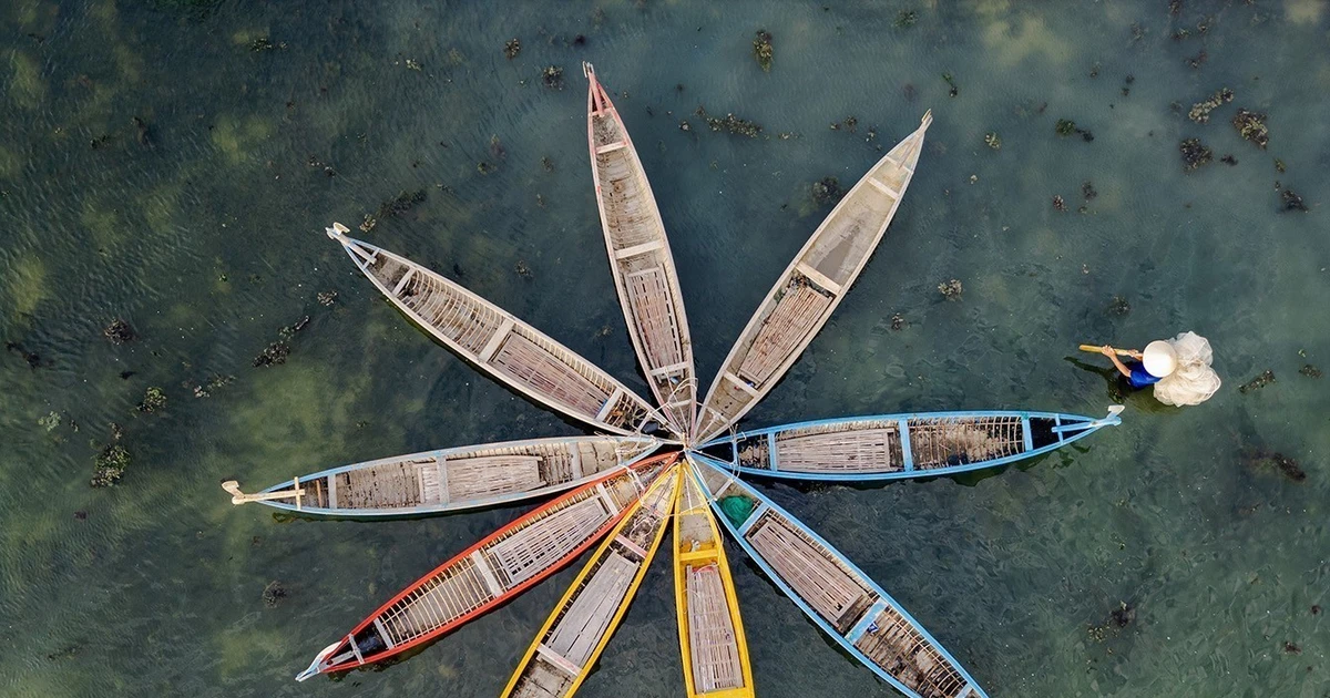 Des barques traditionnelles en bois permettent aux visiteurs d’explorer la lagune Ô Loan. Photo : VNA
