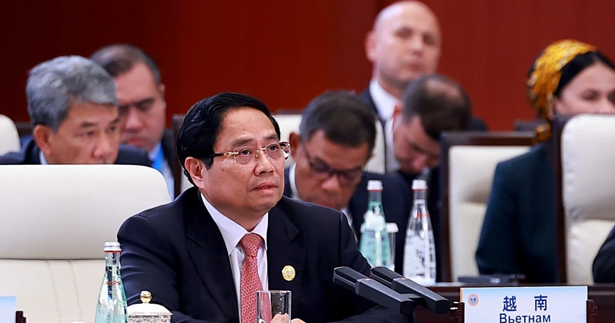 Le Premier ministre vietnamien Pham Minh Chinh prend la parole lors du Sommet élargi de l’Organisation de coopération de Shanghai (OCS). Photo : VNA.