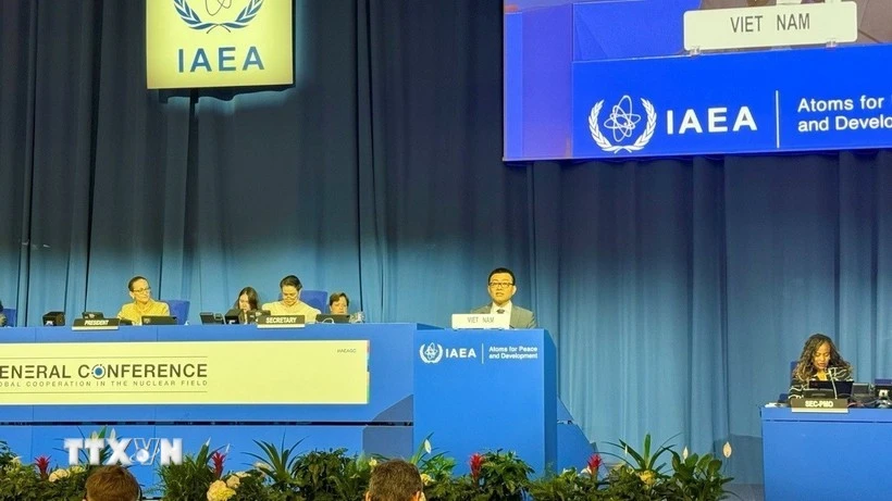 L'ambassadeur Vu Lê Thai Hoàng, représentant permanent du Vietnam auprès de l’AIEA et des organisations internationales à Vienne, s'exprime à la séance plénière. Photo : VNA.
