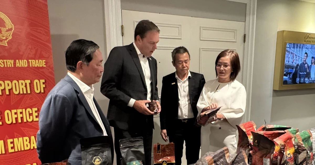 La conseillère commerciale Tran Thu Quynh présente des produits de café de haute qualité au président de l'Association du café du Canada (deuxième à partir de la gauche). Photo : VNA. 
