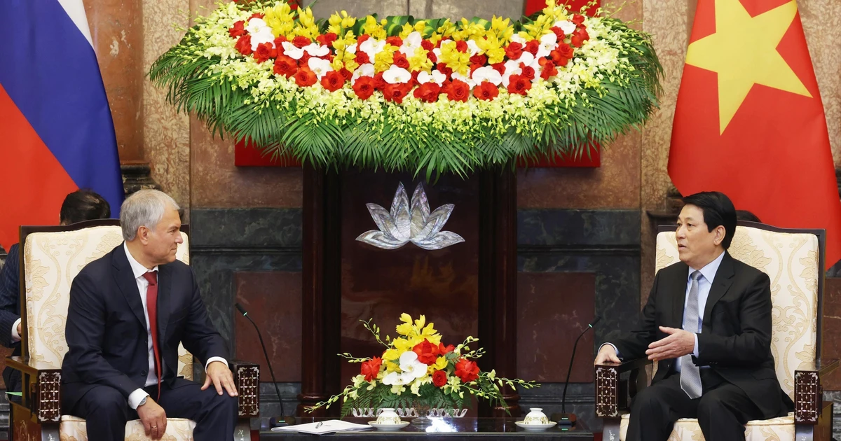 Le président Luong Cuong (droite) reçoit le président de la Douma d’État russe. Photo : VNA. 