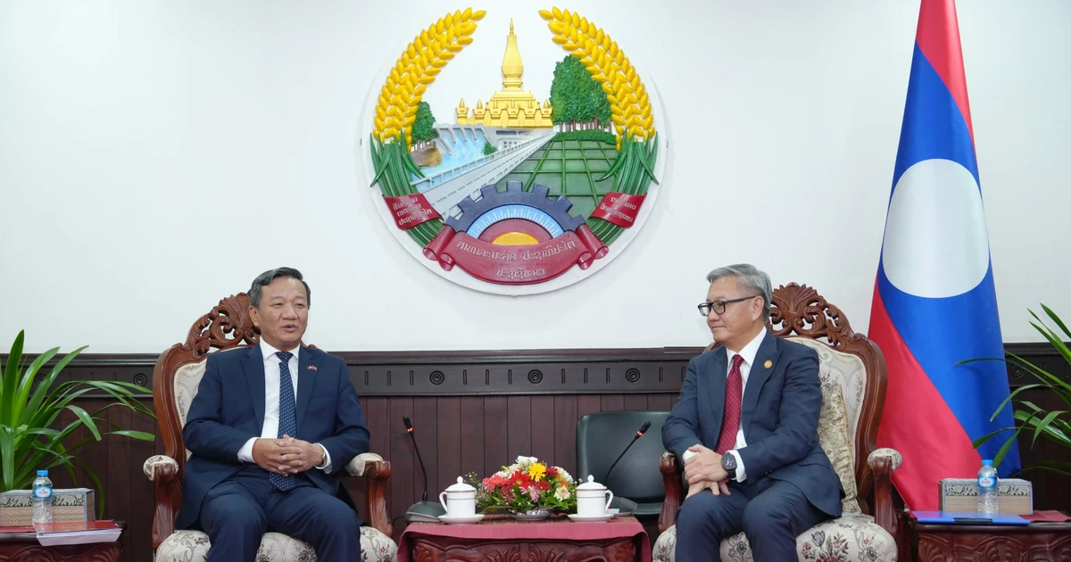 L'ambassadeur du Vietnam au Laos, Nguyên Minh Tâm (gauche), et Thongsavanh Phomvihane, membre du Comité central du Parti et ministre lao des Affaires étrangères. Photo: VNA 