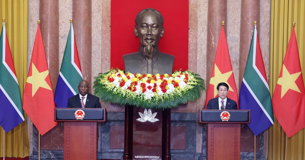 Le président vietnamien Luong Cuong et son homologue sud-africain, Matamela Cyril Ramaphosa lors de la conférence de presse conjointe après leur entretien. Photo : VNA.