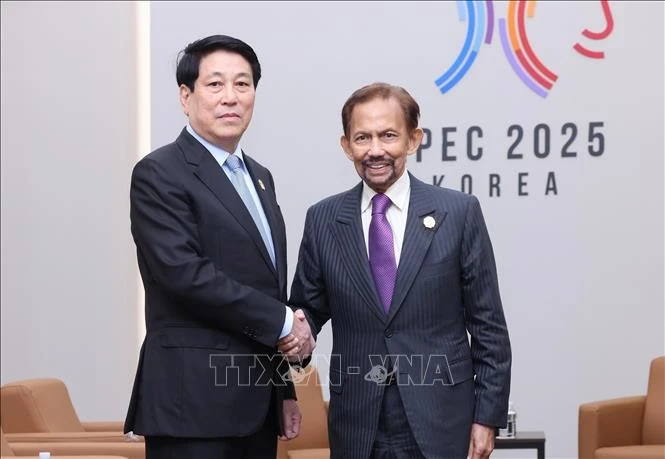 Le président vietnamien Luong Cuong (gauche) s’est entretenu, dans l’après-midi du 31 octobre, avec le Sultan de Brunei, Haji Hassanal Bolkiah. Photo : VNA.