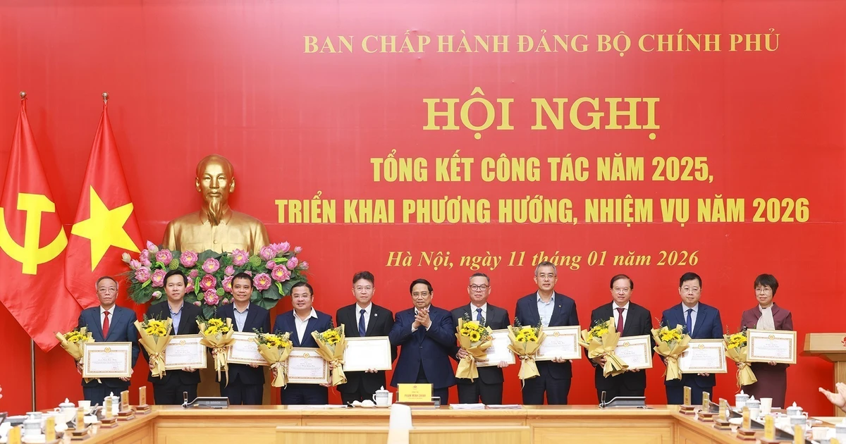 Le Premier ministre Pham Minh Chinh remet des certificats de mérite du Comité du Parti du gouvernement à des personnes ayant obtenu des résultats remarquables. Photo : VNA