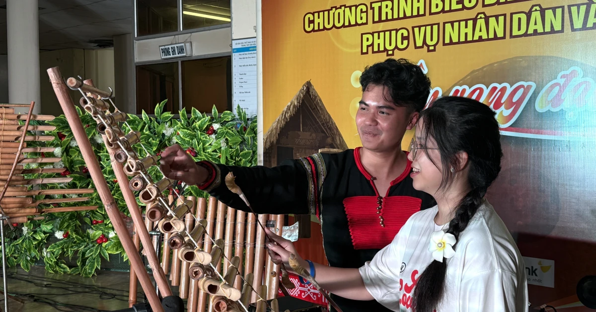 Une jeune vietnamienne à l'étranger s'essaie le t’rung (xylophone en bambou, très populaire auprès des minorités ethniques des Hauts Plateaux du Centre du Vietnam). Photo : VNA. 