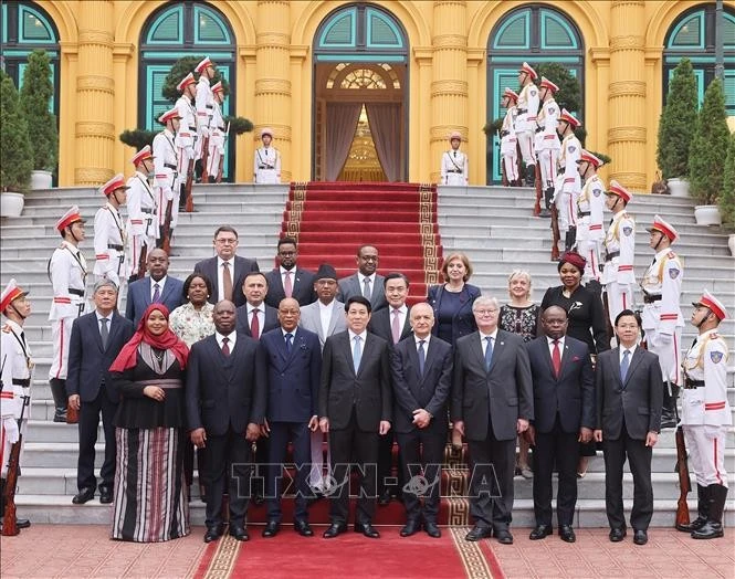 Le président Luong Cuong et des ambassadeurs. Photo : VNA. 
