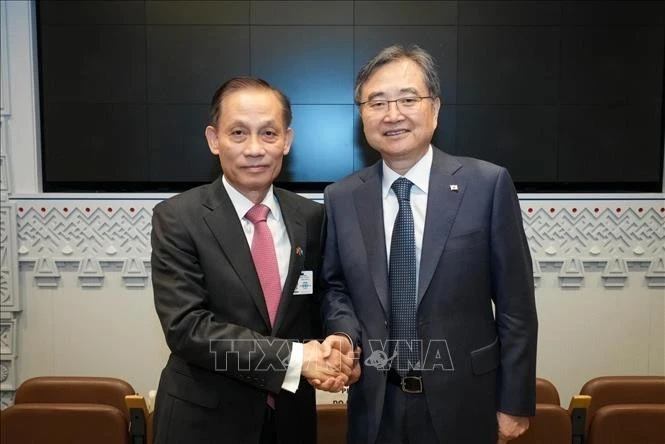 Le secrétaire du Comité central du Parti et ministre vietnamien par intérim des Affaires étrangères (AE), Le Hoai Trung (gauche) et le ministre sud-coréen des AE, Cho Hyun. Photo : VNA.