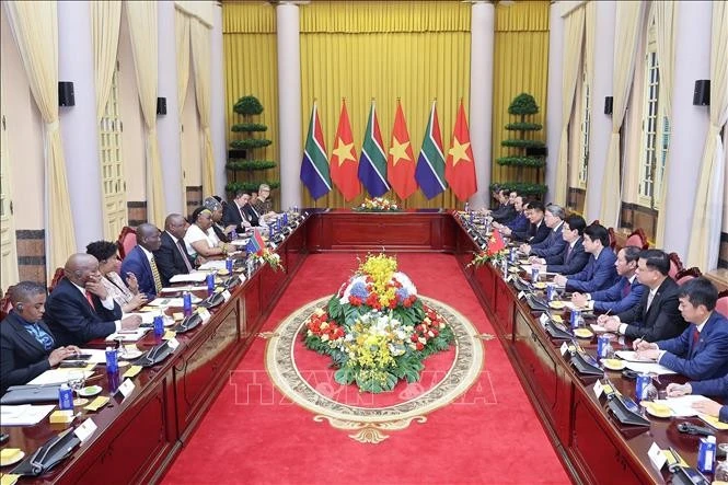 Entretien entre le président de la République socialiste du Vietnam, Luong Cuong, et le président de la République d’Afrique du Sud, Matamela Cyril Ramaphosa. Photo : VNA 