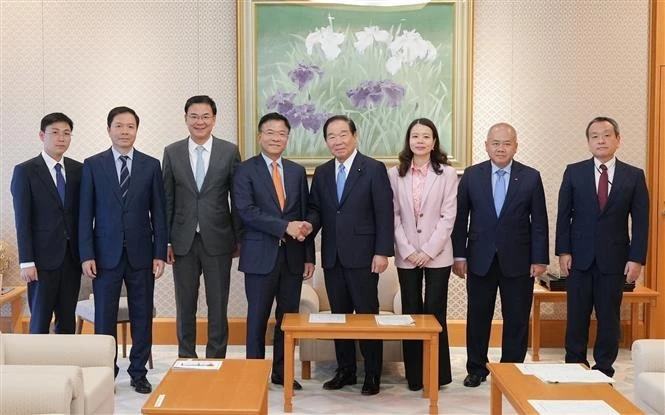 Le vice-Premier ministre vietnamien Le Thanh Long (4e à partir de la gauche) et le président de la Chambre des représentants japonaise Nukaga Fukushiro se serrent la main. Photo : VNA.