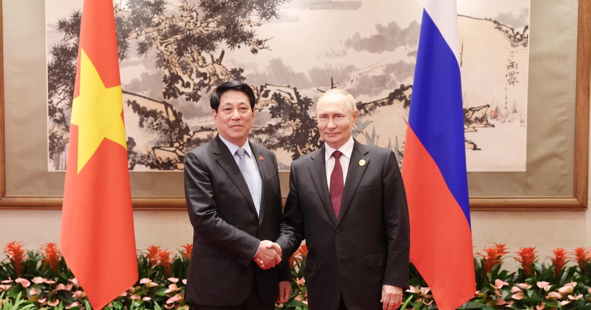 Le président vietnamien Luong Cuong (à gauche) et le président russe Vladimir Poutine se serrent la main, à Pékin, le 3 septembre. Photo : VNA 